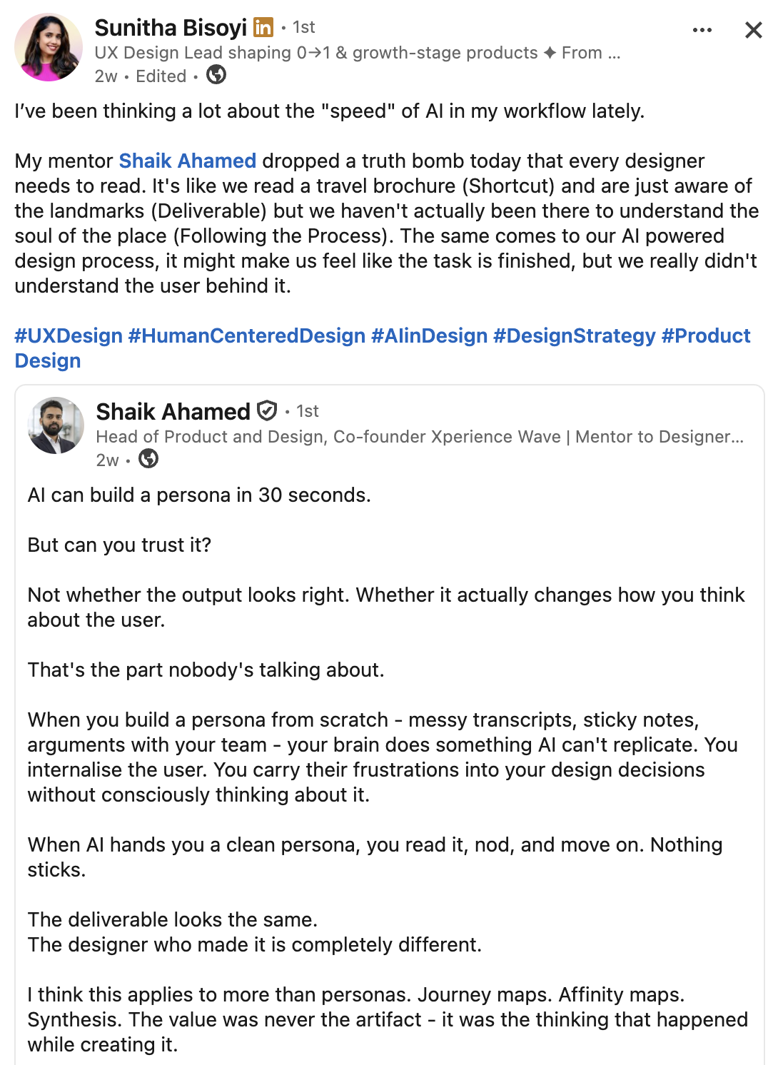 LinkedIn post by Sunitha Bisoyi reflecting on a mentorship insight from Shaik Ahamed